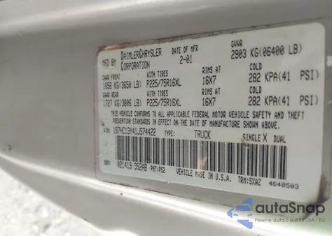 2001 Dodge Ram 1500 St из США, поврежденный, VIN 1B7HC13Y41J574422